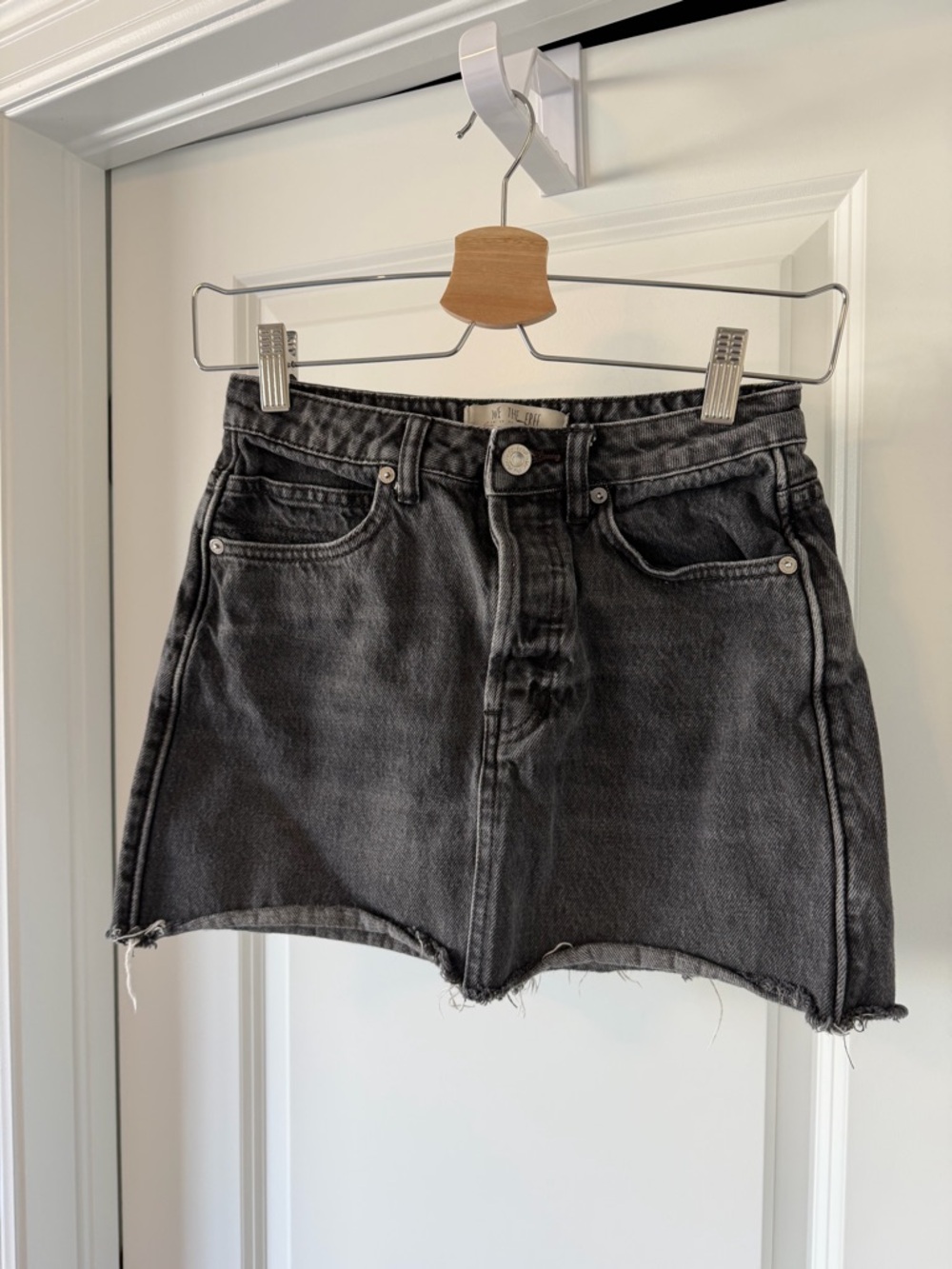 We The Free Black Washed Denim Waistband Detail Mini Skirt